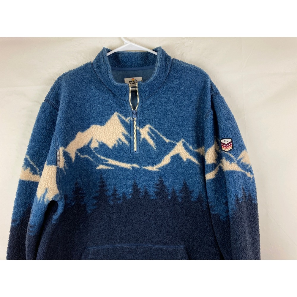 Marine Layer Sherpa Fleece Mens XL Blue Mountain Scene Sweater Nature Ski Cabin - Picture 2 of 9